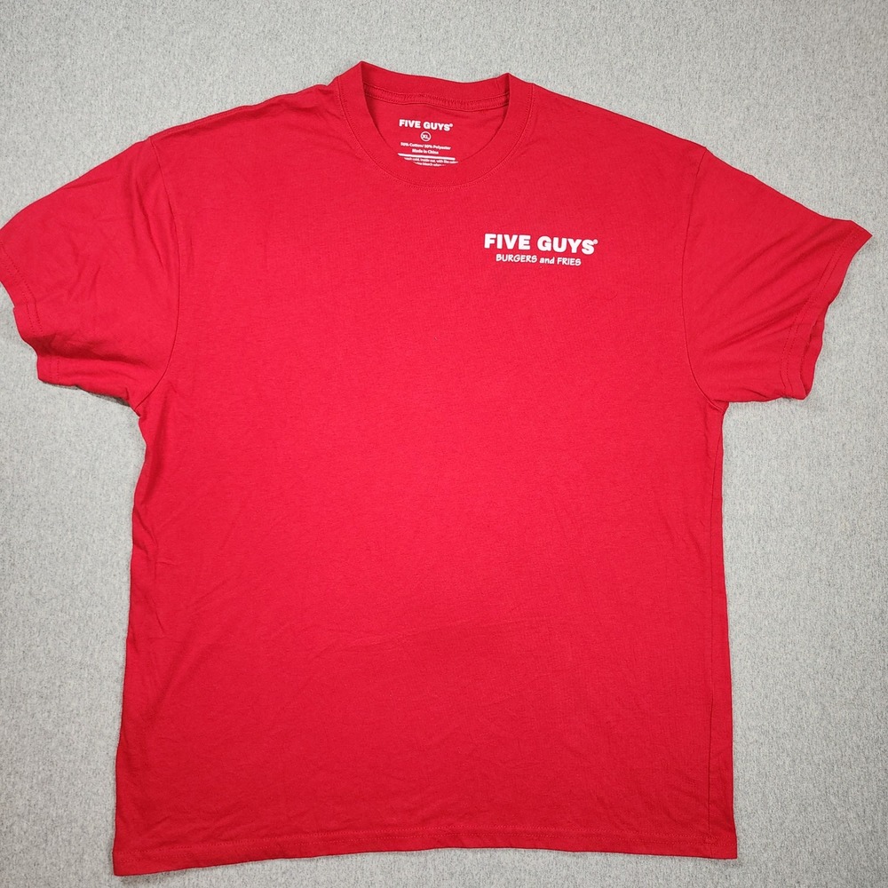 Five Guys Burgers and Fries Graphic T-Shirt Mens XL Red Excellent Logo Tee